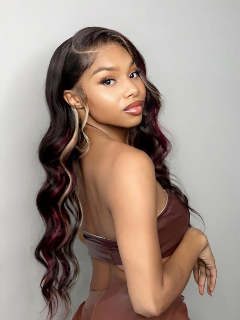 Natural For Hair Pre Series 13x4 Ruby Highlight Body Wave Wig With 100% Human Hair