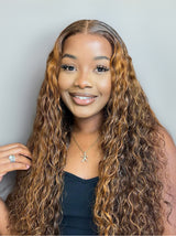 Natural For Hair 13x0.5 T Mid Part Reddish Brown&Highlight&Ginger Water Wave Wig With 100% Human Hair