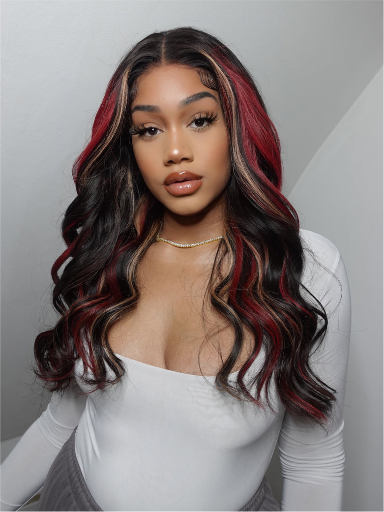 Natural For Hair Pre Series 13x4 Ruby Highlight Body Wave Wig With 100% Human Hair