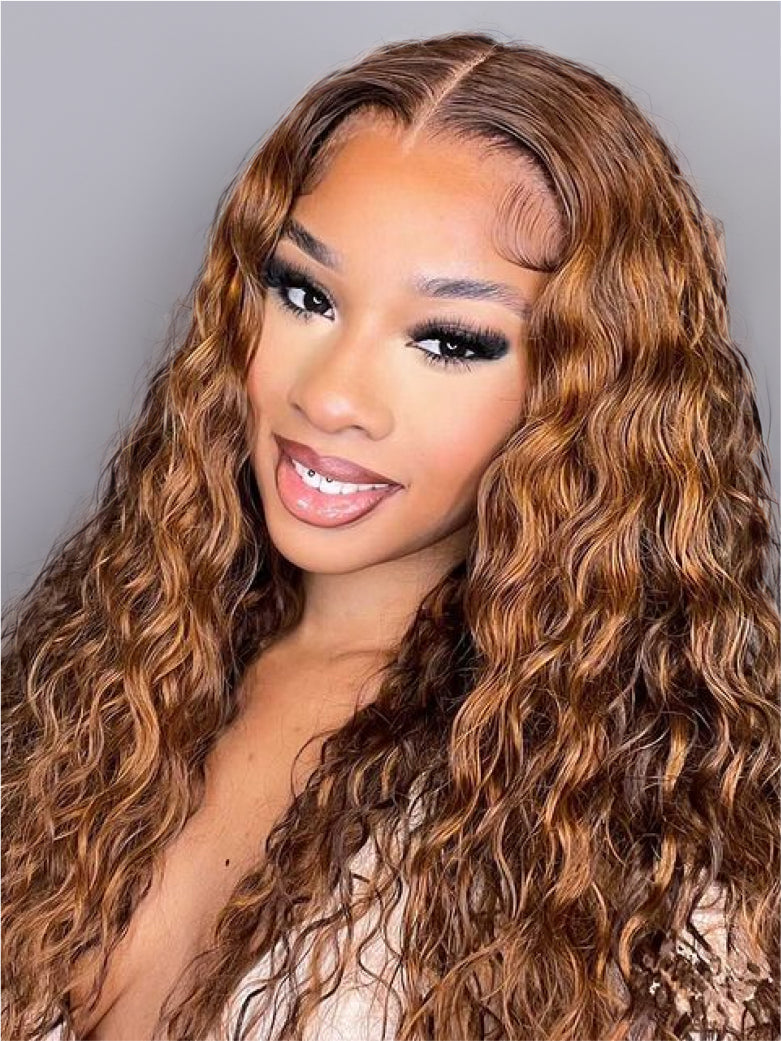 Natural For Hair Pre Series 7x5 Brown Highlights Water Wave Wig With 100% Human Hair