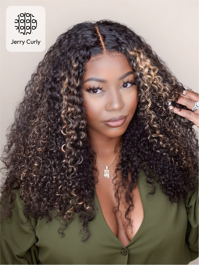 Natural For Hair Pre Series 13x4 Reddish Brown & Highlight Jerry&Kinky Curly Wig With 100% Human Hair