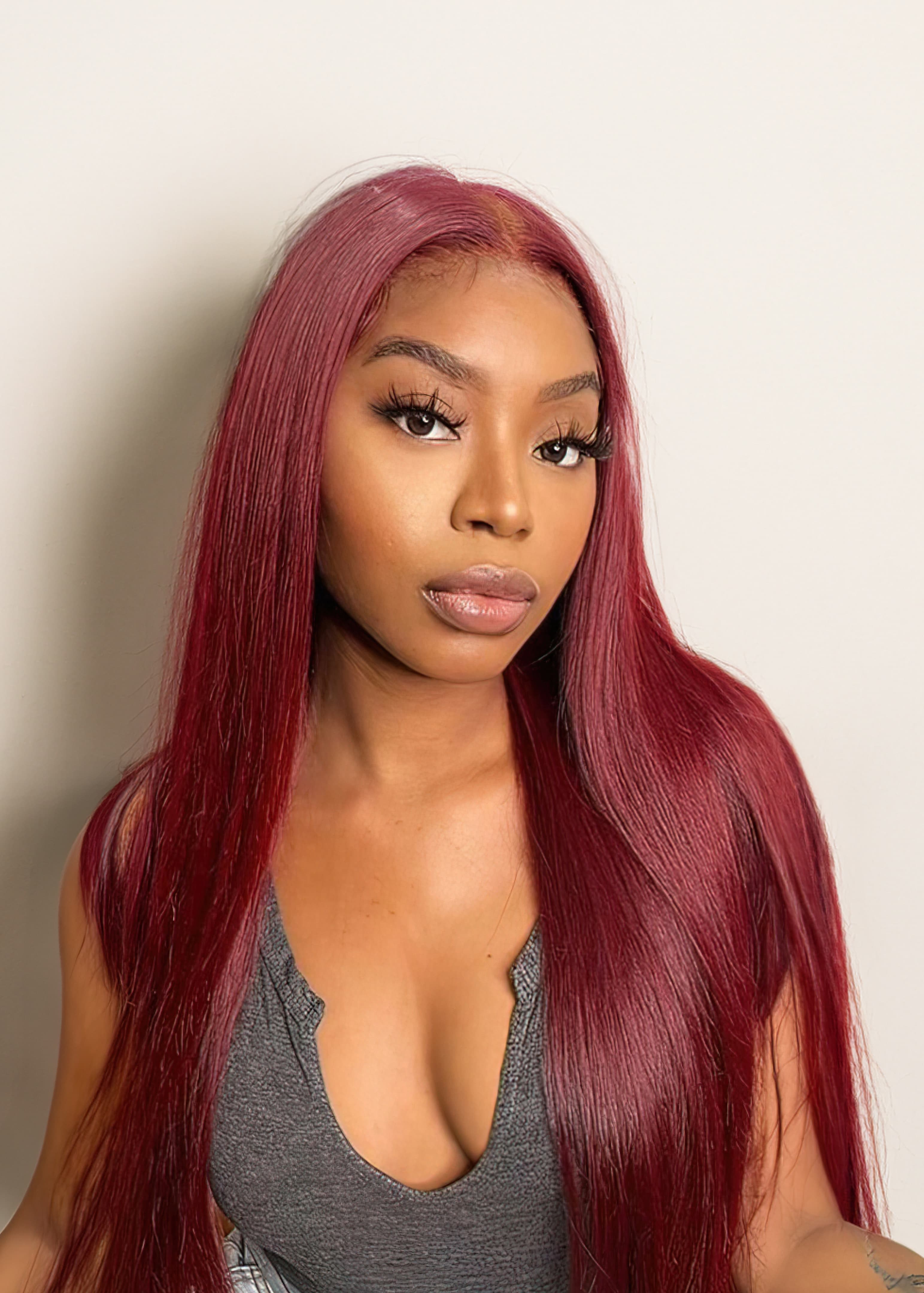 Natural For Hair 13x0.5 T Mid Part Burgundy & Highlight & Ginger Straight Wig With 100% Human Hair