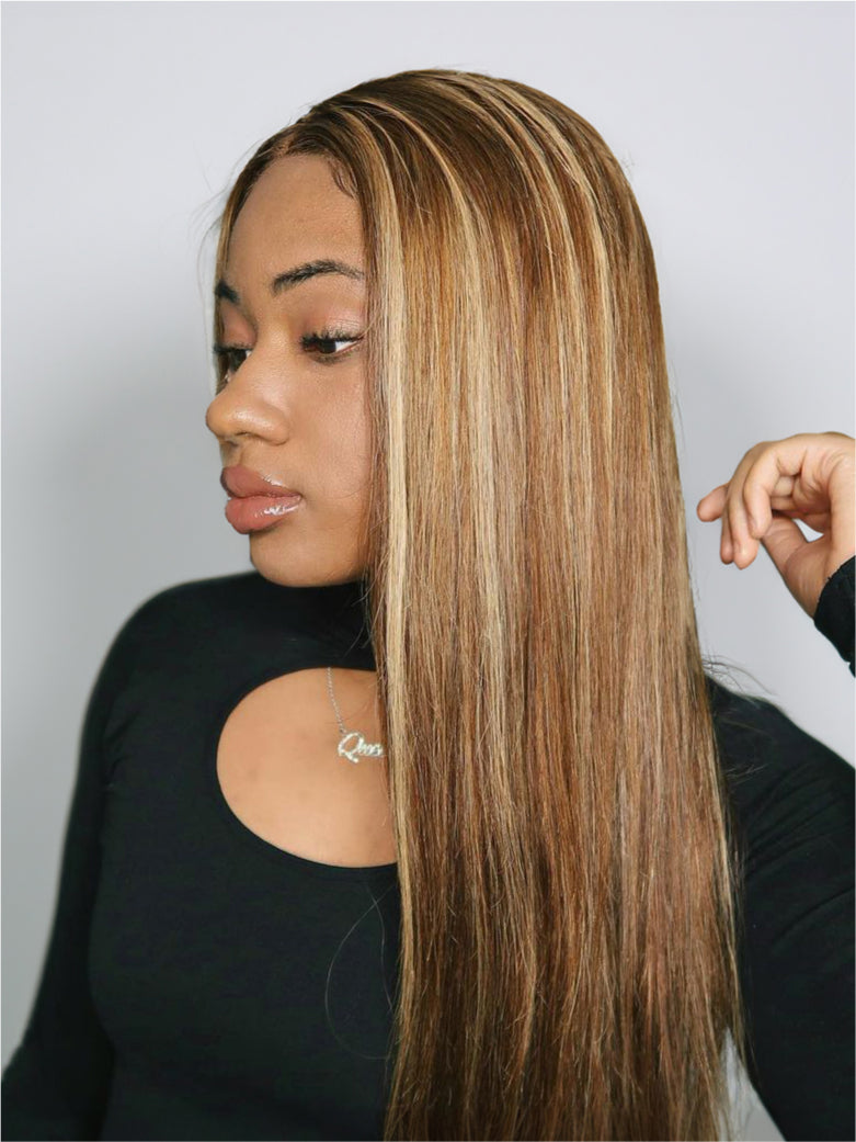 Natural For Hair Pre Series 13x4  Blonde Highlight & Burgundy Straight Wig With 100% Human Hair