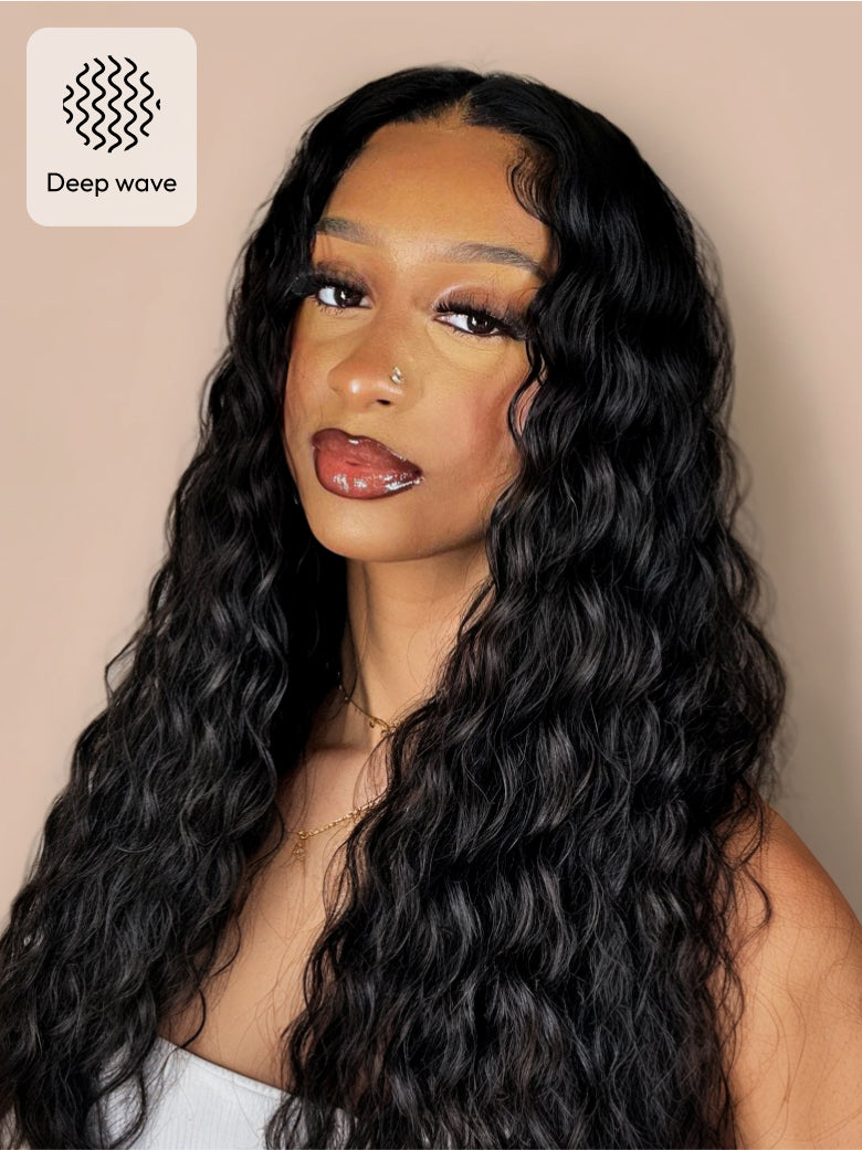 Natural For Hair 13x0.5 T Mid Part Black Water&Deep Wave Wig With 100% Human Hair