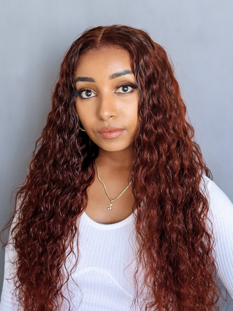 Natural For Hair 13x0.5 T Mid Part Reddish Brown&Highlight&Ginger Water Wave Wig With 100% Human Hair