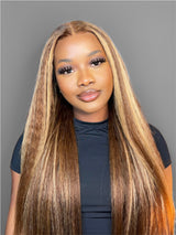 Natural For Hair 13x4 Black & Reddish Brown & Highlight Yaki Straight Wig With 100% Human Hair